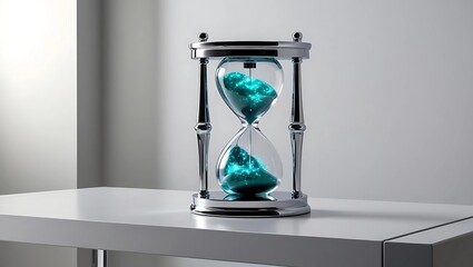 Futuristic Hourglass with Glowing Digital Particles on Minimalist White Desk, Modern Aesthetic with Soft Ambient Lighting  
