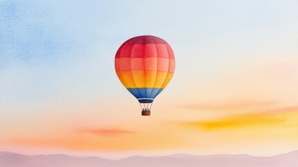 Fototapeta premium Colorful Watercolor Painting of a Hot Air Balloon in a Serene Sky at Sunrise