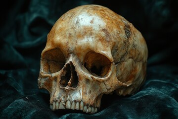 Obraz premium Detailed view of a natural skull on dark fabric backdrop