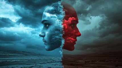 A visual concept of jealousy with contrasting images of happiness and sadness.