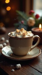 Warm beverage with fluffy marshmallows in a charming cup on a rustic surface