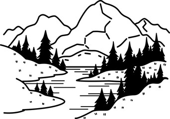 Hand-drawn mountain doodle outline illustration