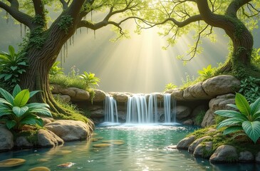A small waterfall cascades into a serene pool amidst a lush forest scene. Large trees frame the waterfall, and sunlight streams through the leaves above. Conveys peace, nature, and tranquility. Suitab