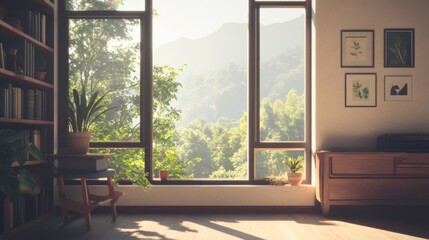 Fototapeta premium Sunny mountain view from home library