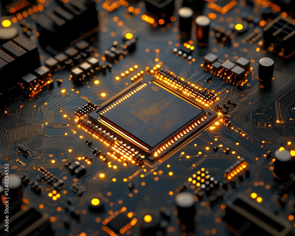 Aufkleber liquid gold chip installed on motherboard, glowing smart processor circuits, fast conductor, 3d tech