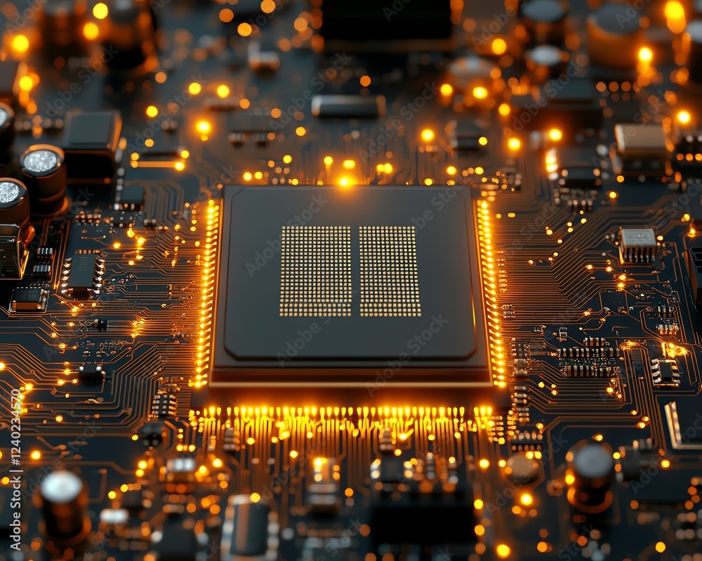 Poster liquid gold chip installed on motherboard, glowing smart processor circuits, fast conductor, 3d tech