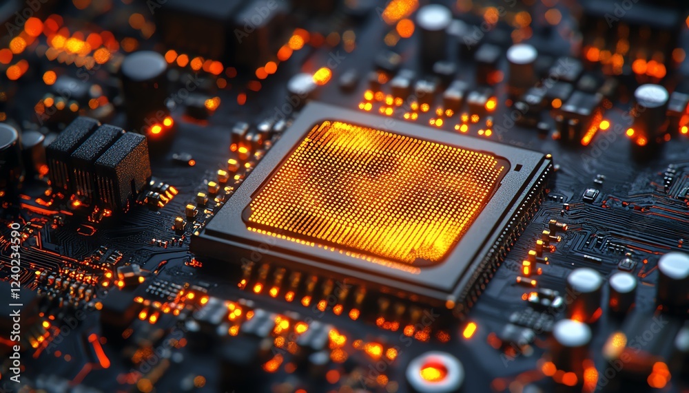 Poster liquid gold chip installed on motherboard, glowing smart processor circuits, fast conductor, 3d tech