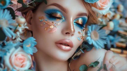 Obraz premium portrait of a beautiful woman with long false feather eyelashes and bright make-up wearing blue