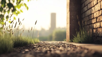Sunrise path, brick wall, urban park, peaceful morning