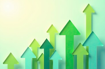 Multiple green arrows pointing upwards on a light green background with sunlight or a spotlight above the arrows. Conveys growth, improvement, and progress. Suitable for business presentations, financ