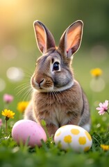 A charming brown rabbit is sitting in close-up on the green grass, Easter eggs are lying nearby, celebrating Easter. Vertical photography