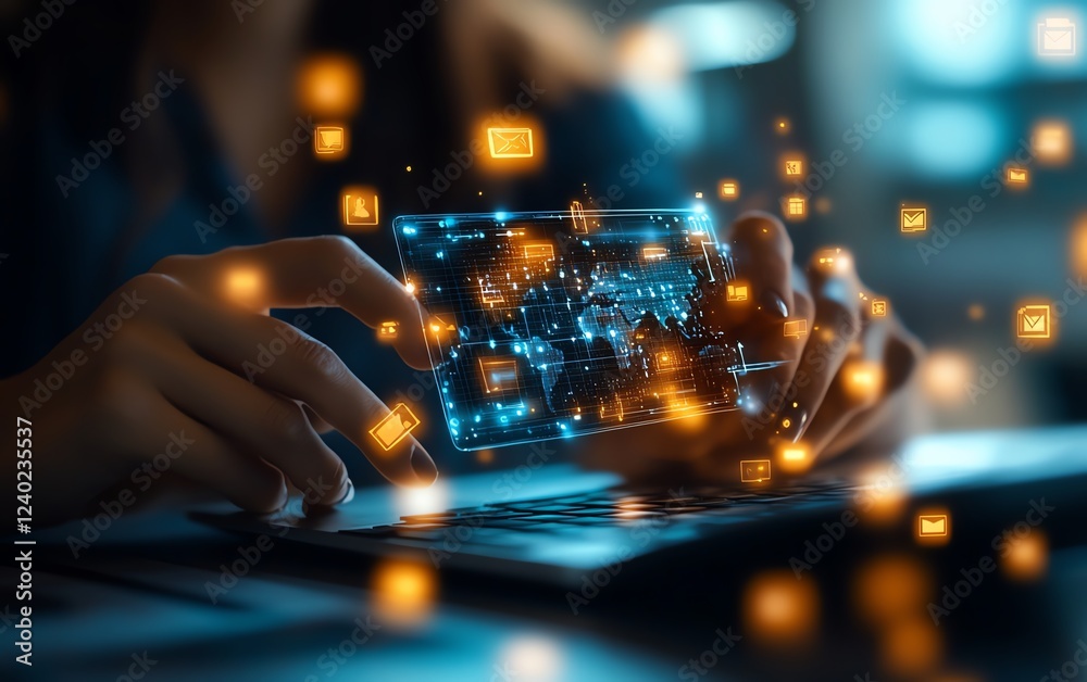 Poster Global file sharing and cloud storage concept on digital devices, showcasing secure and fast data transfer across the world