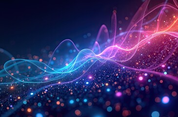 A circuit board with neon elements and data visualizations. A central chip is highlighted, and a pink, wavy line represents data flow or signals, surrounded by blue and orange neon lights. Conveys tec