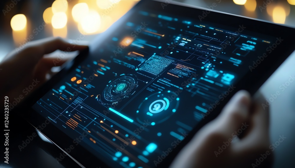Poster AIdriven chatbot interface on tablet screen, featuring interactive elements, sleek design, and intuitive user interaction