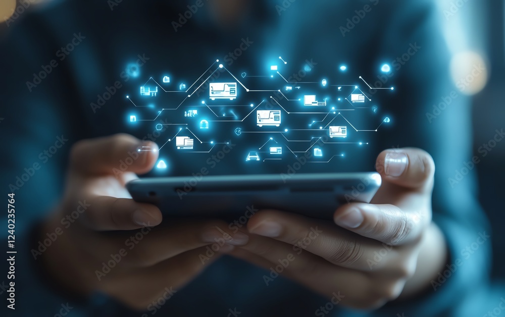 Poster Cloud storage and global file sharing concept on digital devices, showcasing seamless synchronization and data management worldwide