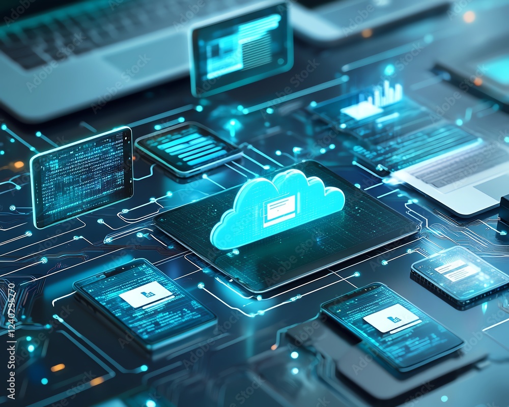 Aufkleber Cloud storage concept with global file sharing across digital devices, symbolizing seamless data access and synchronization worldwide