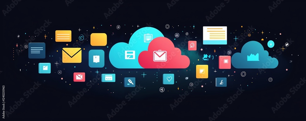 Poster Dark background with global file icons floating, representing cloud storage and secure file management across digital platforms