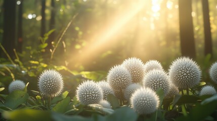 Unique spiky mushrooms thriving in an enchanted glade, radiating under gentle forest light beams.