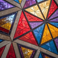 Fototapeta premium Geometric Stained Glass Pattern with Vibrant Kaleidoscope Design and Intricate Star Shape in Radial Symmetry, sunburst motif cathedral