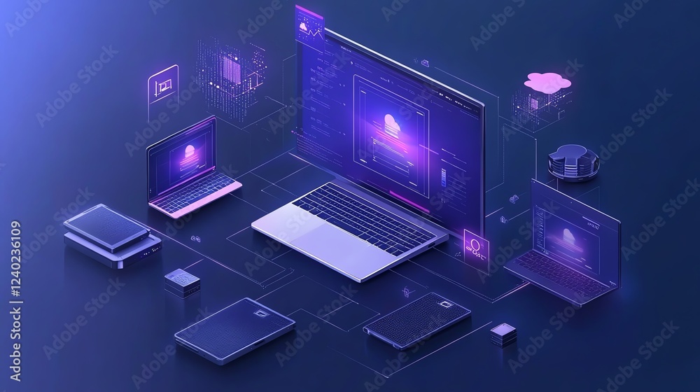 Poster Digital devices connected through cloud storage and global file sharing, symbolizing fast, reliable, and secure data exchange