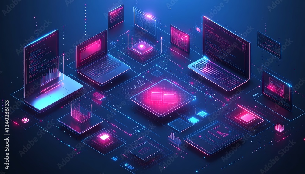 Poster File sharing and cloud storage concept on digital devices, representing secure data transfer and global access across borders