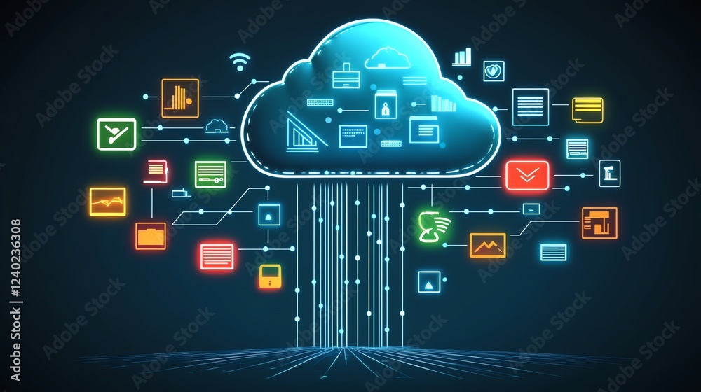 Poster Cloud storage concept with interconnected global file icons on a dark background, illustrating secure and efficient data management