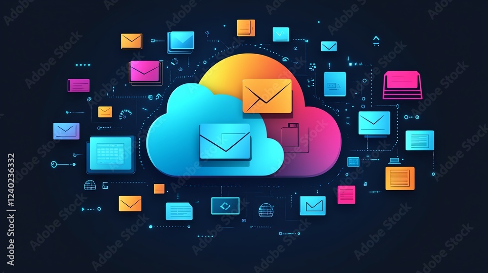 Poster Cloud storage concept with interconnected global file icons on a dark background, illustrating secure and efficient data management