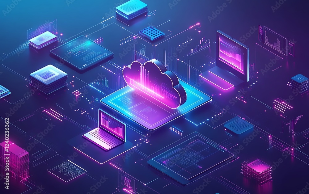 Poster Cloud storage concept with global file sharing across digital devices, symbolizing seamless data access and synchronization worldwide