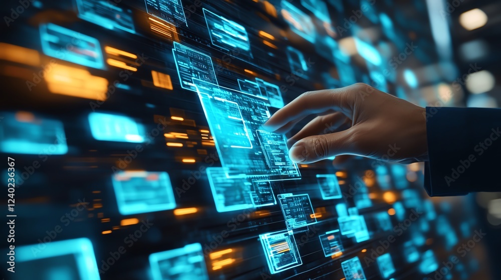 Poster Cloud storage service with a futuristic holographic interface, illustrating seamless synchronization and secure file management