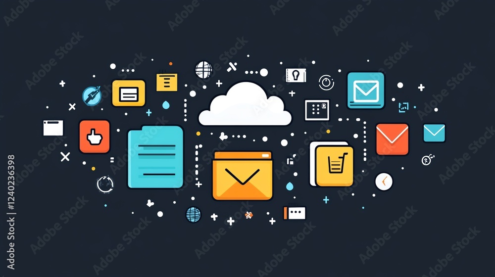 Poster Cloud storage with global file icons on a dark background, emphasizing modern technology, connectivity, and secure data exchange