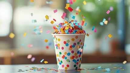 A visual of a winner cup filled with confetti and placed on a table, symbolizing celebration and achievement.