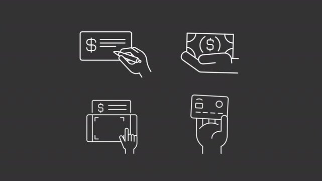 Animated e banking services white icons. Digital transactions via mobile app line animation library. Payment methods. Isolated illustrations on dark background. Transition alpha. HD video. Icon pack