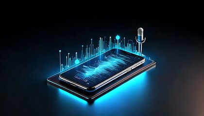 smartphone displays holographic sound waves, with a microphone, symbolizing advanced audio technology and digital sound processing.