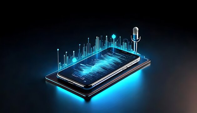 smartphone displays holographic sound waves, with a microphone, symbolizing advanced audio technology and digital sound processing.