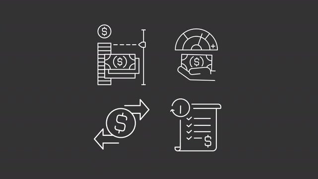 Animated digital banking options white icons. Online payment service line animation library. Financial mobile app. Isolated illustrations on dark background. Transition alpha. HD video. Icon pack