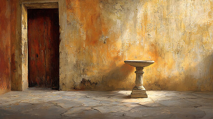 Sunlit stone basin near old door, textured wall