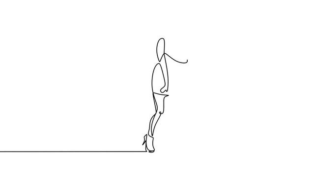 Continuous line drawing animation of happy standing woman pose. Young pretty girl with long hair posing like super model wearing mini skirt and high heels. Fashion model theme on white background
