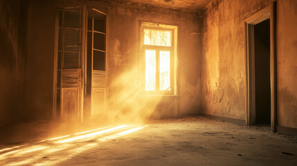 Fototapeta premium deserted room with mysterious light illuminating dust particles, creating eerie atmosphere. sunlight streams through window, highlighting aged walls and empty space