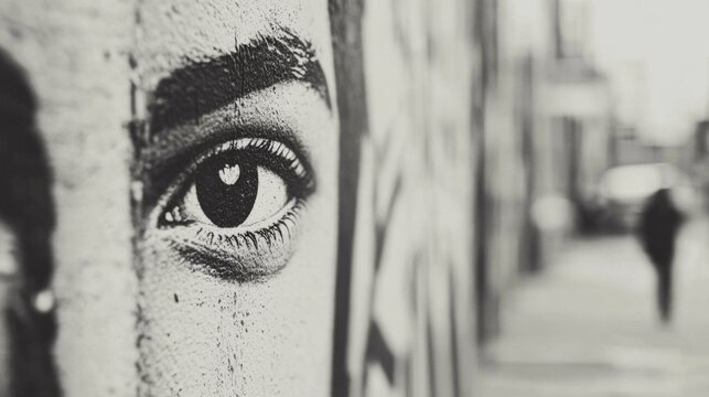 Fototapeta Urban eye art, street scene, person walking, city background, social commentary
