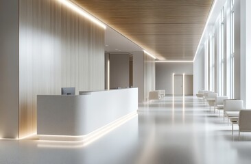 Modern clinic reception, waiting area, bright windows