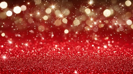 Red Glitter Background with Golden Lights and Stars Festive Sparkle Texture