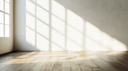 bright, empty room with wooden flooring and soft shadows from large windows creates serene atmosphere. light casts intriguing patterns on walls, enhancing space tranquility