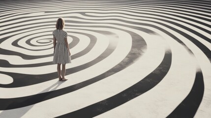 Obraz premium Woman standing on swirling path, outdoor, contemplative mood, mind concept