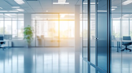 Modern office interior, glass doors, city view, sunlight, workspace