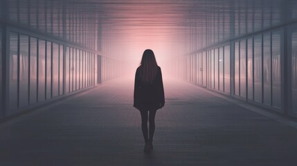 Woman walking futuristic corridor, fog, mystery, future, design