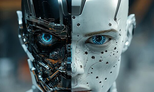 Futuristic humanoid robot with a split face showcasing advanced technology and emotion