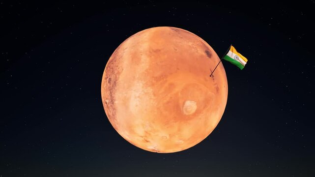 Mars red panet with India flag waving on it 3D animation