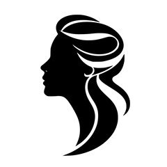 Elegant Woman Silhouette: Profile View of a Female Face with Long Hair, Black and White Minimalist Design, Vector Graphic Illustration