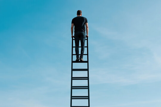Man on a tall ladder reaching for the sky