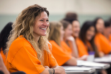 Inmates actively participating in a prison classroom session